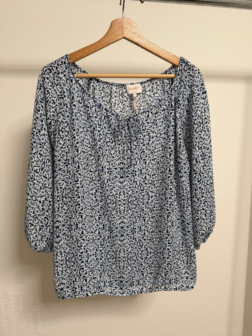 Laundry By Shelli Segal Navy and Light Blue Printed Peasant Blouse